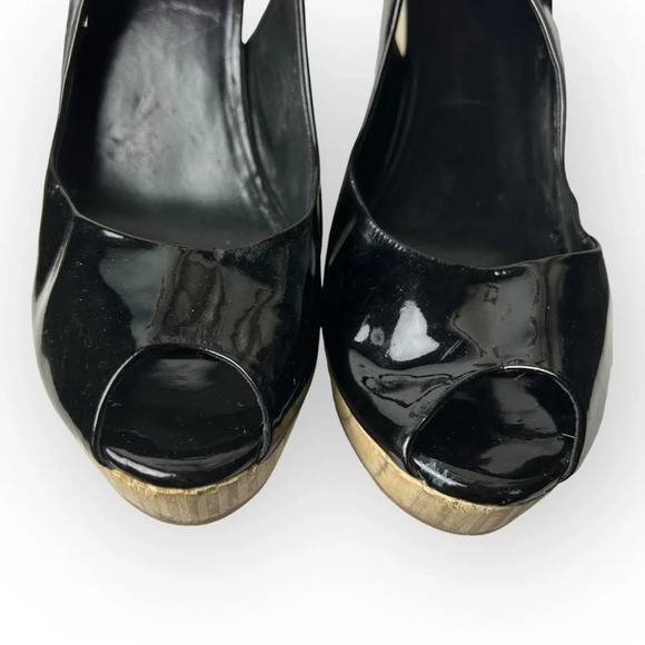 Miu Miu Black Patent Leather  Peep Toe Slingback Wooden Wedge Heel 39 - Picture 7 of 14